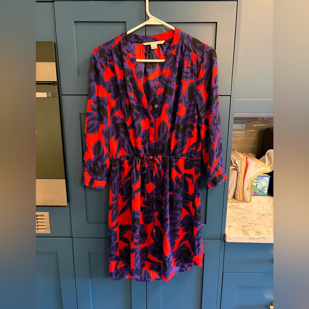 Diane Von Furstenberg Red Purple Black Long-Sleeve Freya Shirt Dress Size 6 Silk